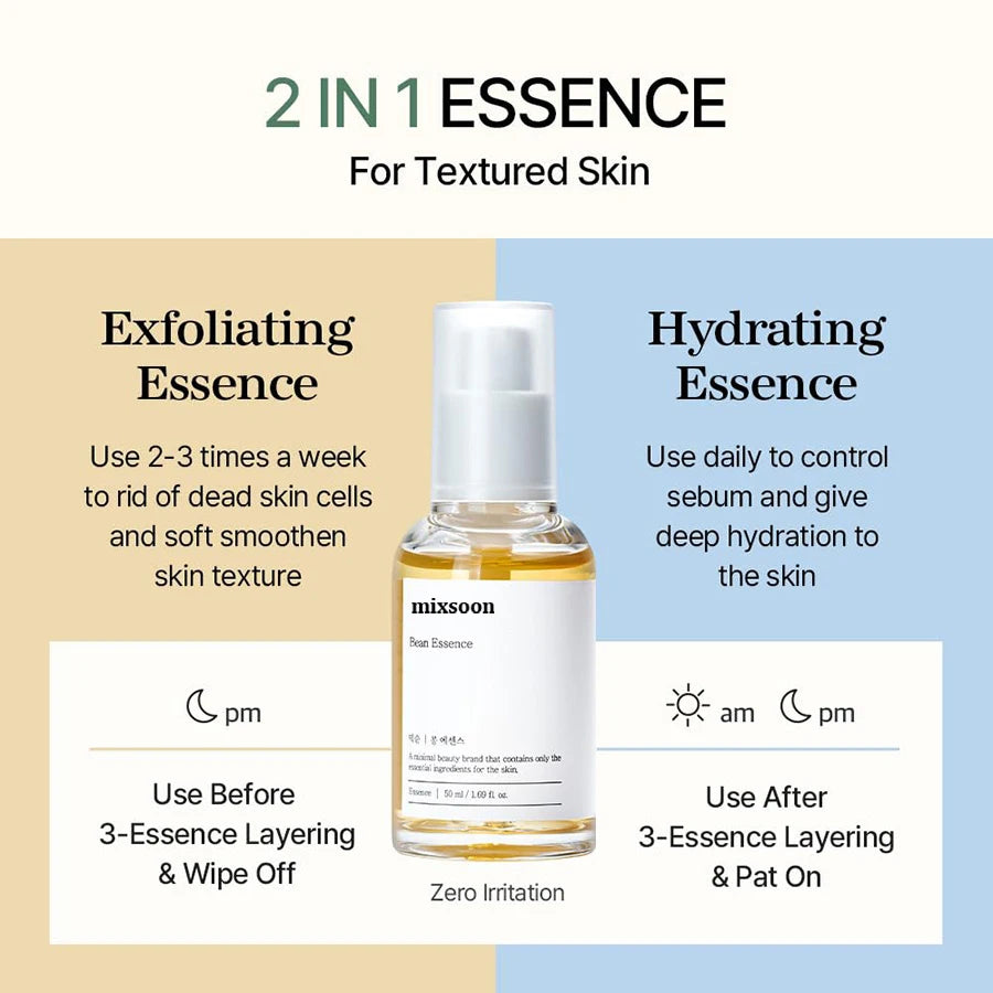 Mixsoon Bean Essence Vegansnail Exfoliating Essence for face Hydrating Korean Skin Care Glassskin Gentle Deep Hydration 50ml
